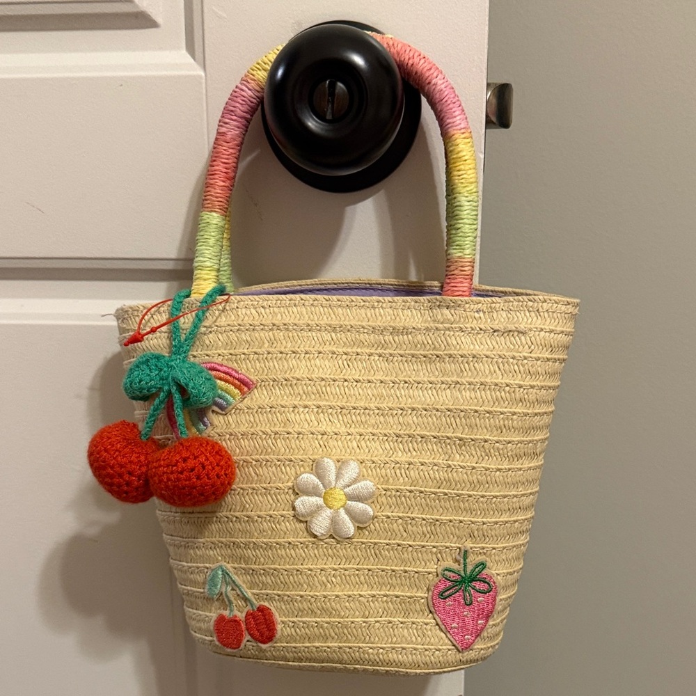 Cat & Jack Cream Straw Tote with Rainbow Handles and Fruit Charms